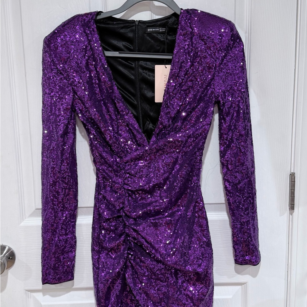 SHEIN Sparkling Purple Long Sleeve Dress